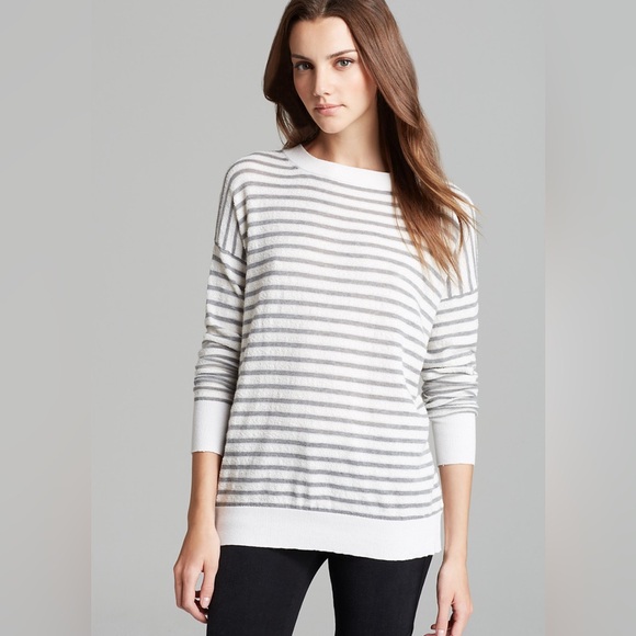 Theory Sweaters - Theory Women's‎ Gray and White Striped Crew Neck Sweater